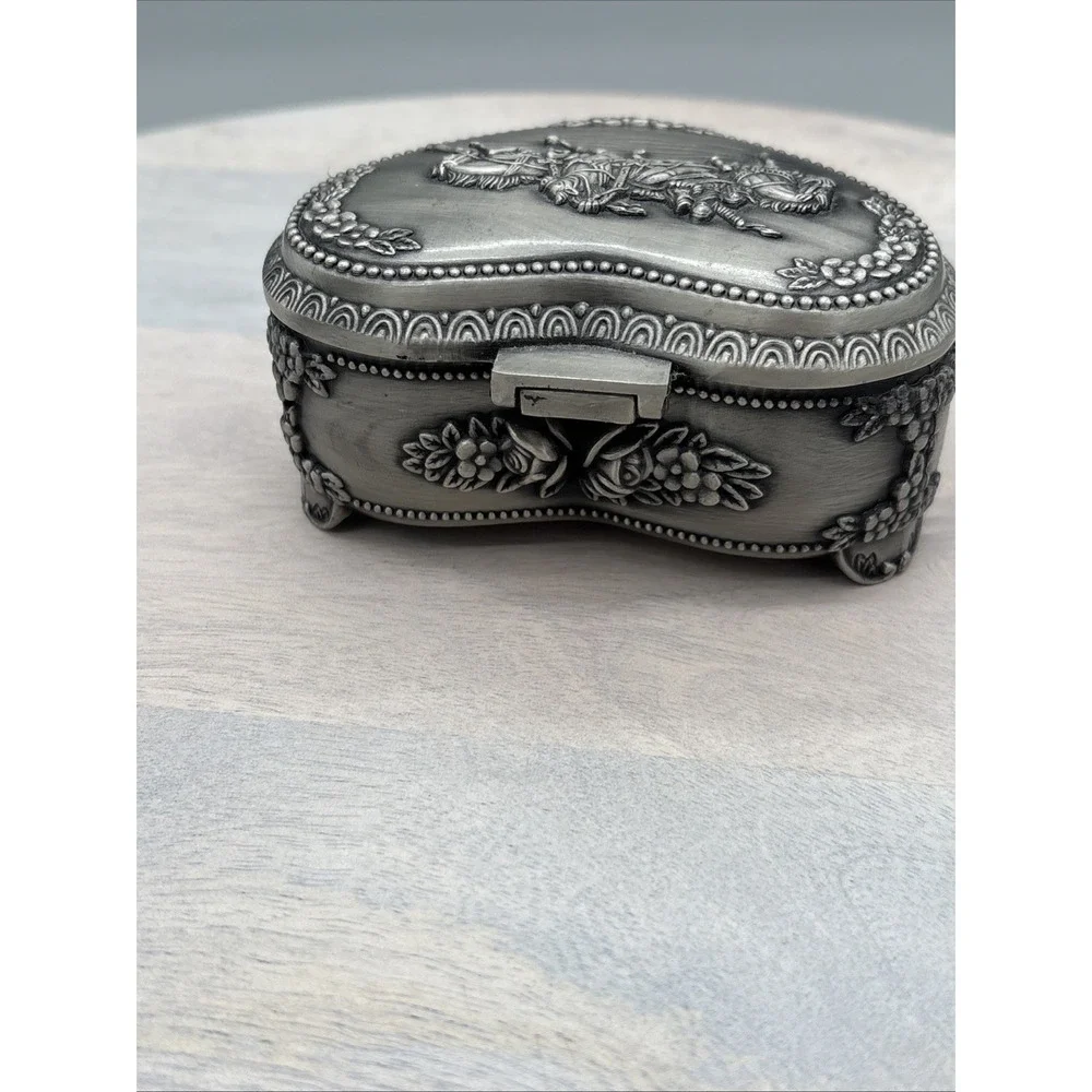 Pewter Heart Shaped Jewelry Box Horses‎ Flowers Trinket from Dubai